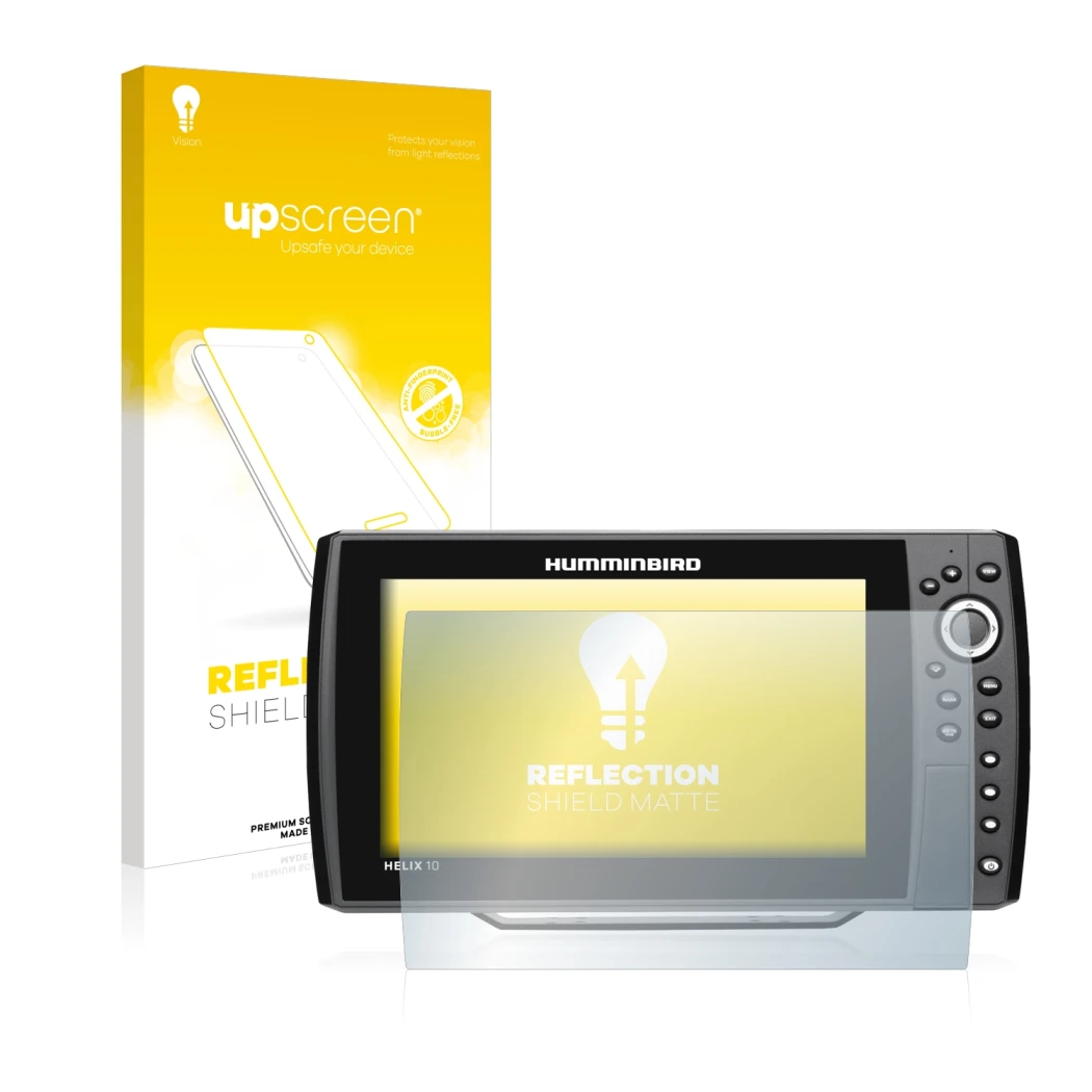 Face avant d’un emballage produit avec le logo de la marque upscreen. À côté, l’appareil Humminbird Helix 10 est représenté av