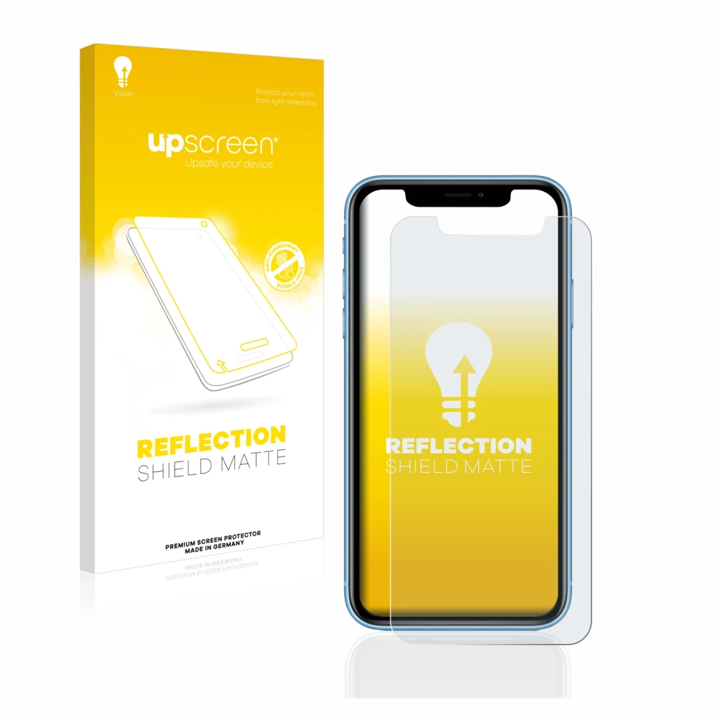 Face avant d’un emballage produit avec le logo de la marque upscreen. À côté, l’appareil Apple iPhone XR est représenté avec l