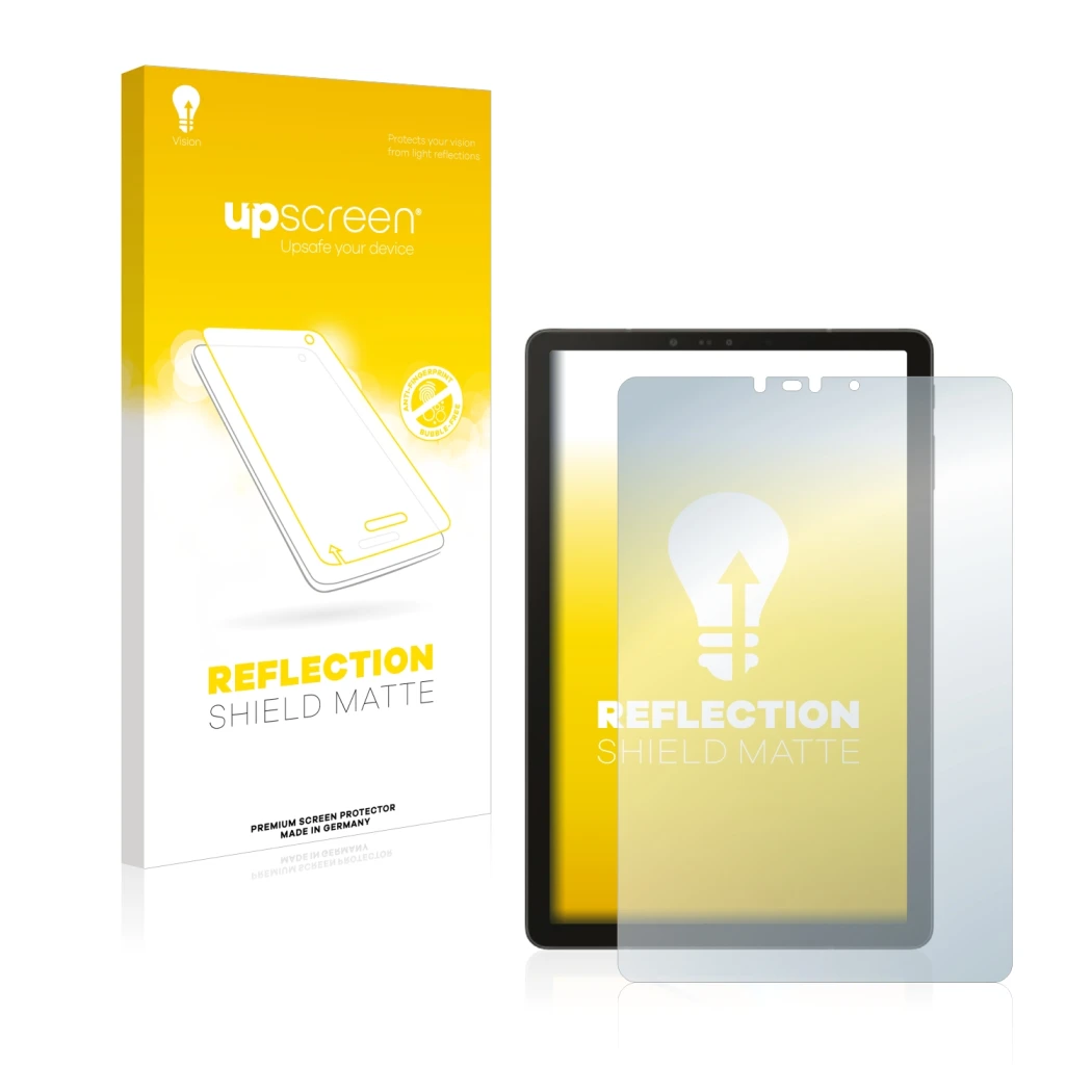 Face avant d’un emballage produit avec le logo de la marque upscreen. À côté, l’appareil Samsung Galaxy Tab S4 10.5 est représ