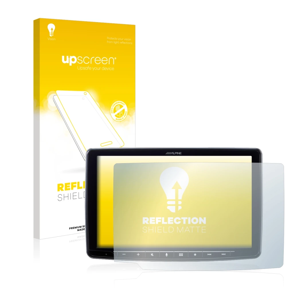 Face avant d’un emballage produit avec le logo de la marque upscreen. À côté, l’appareil Alpine iLX-F903D 9