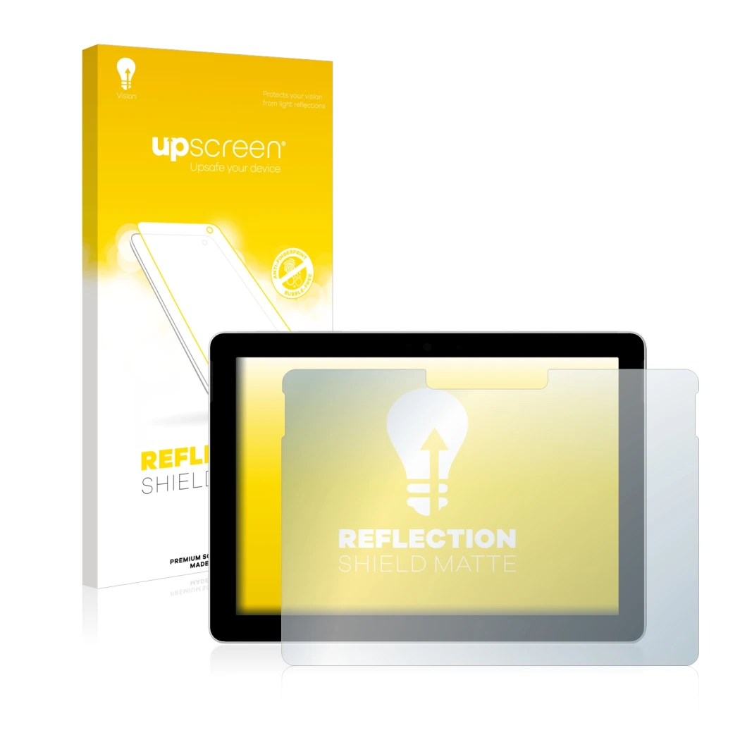 Face avant d’un emballage produit avec le logo de la marque upscreen. À côté, l’appareil Microsoft Surface Go (1ère Gen.) est 