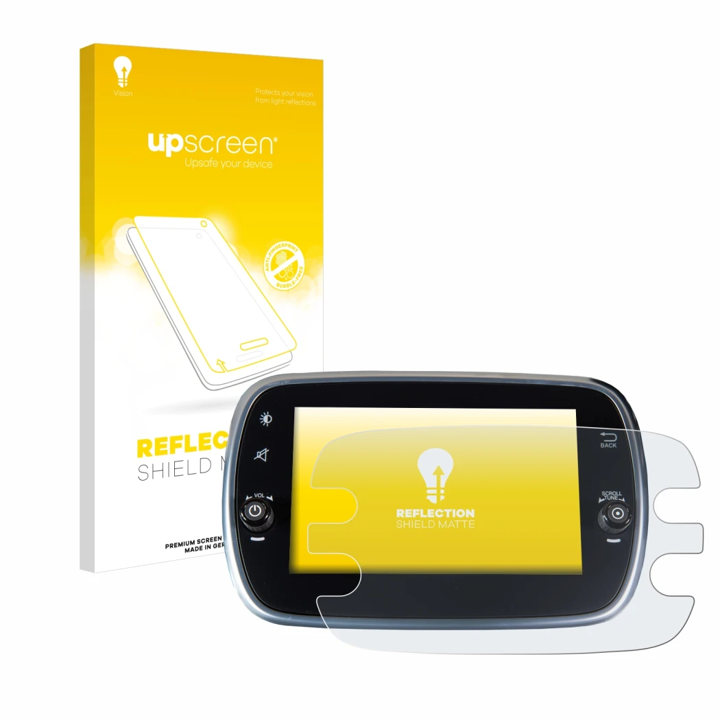 Face avant d’un emballage produit avec le logo de la marque upscreen. À côté, l’appareil Fiat 500X 2016-2019 Uconnet 7