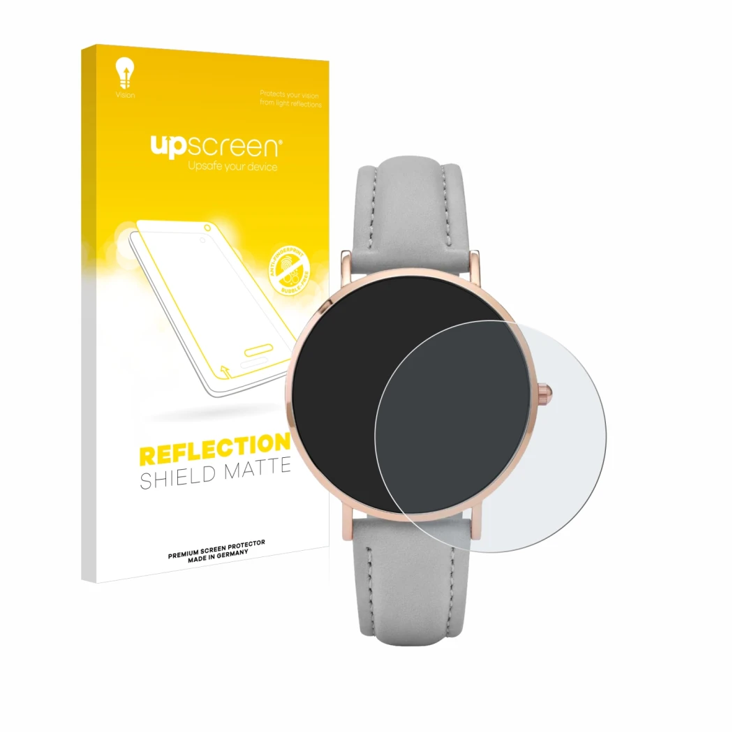 Face avant d’un emballage produit avec le logo de la marque upscreen. À côté, l’appareil Cluse La Boheme (38 mm) est représent