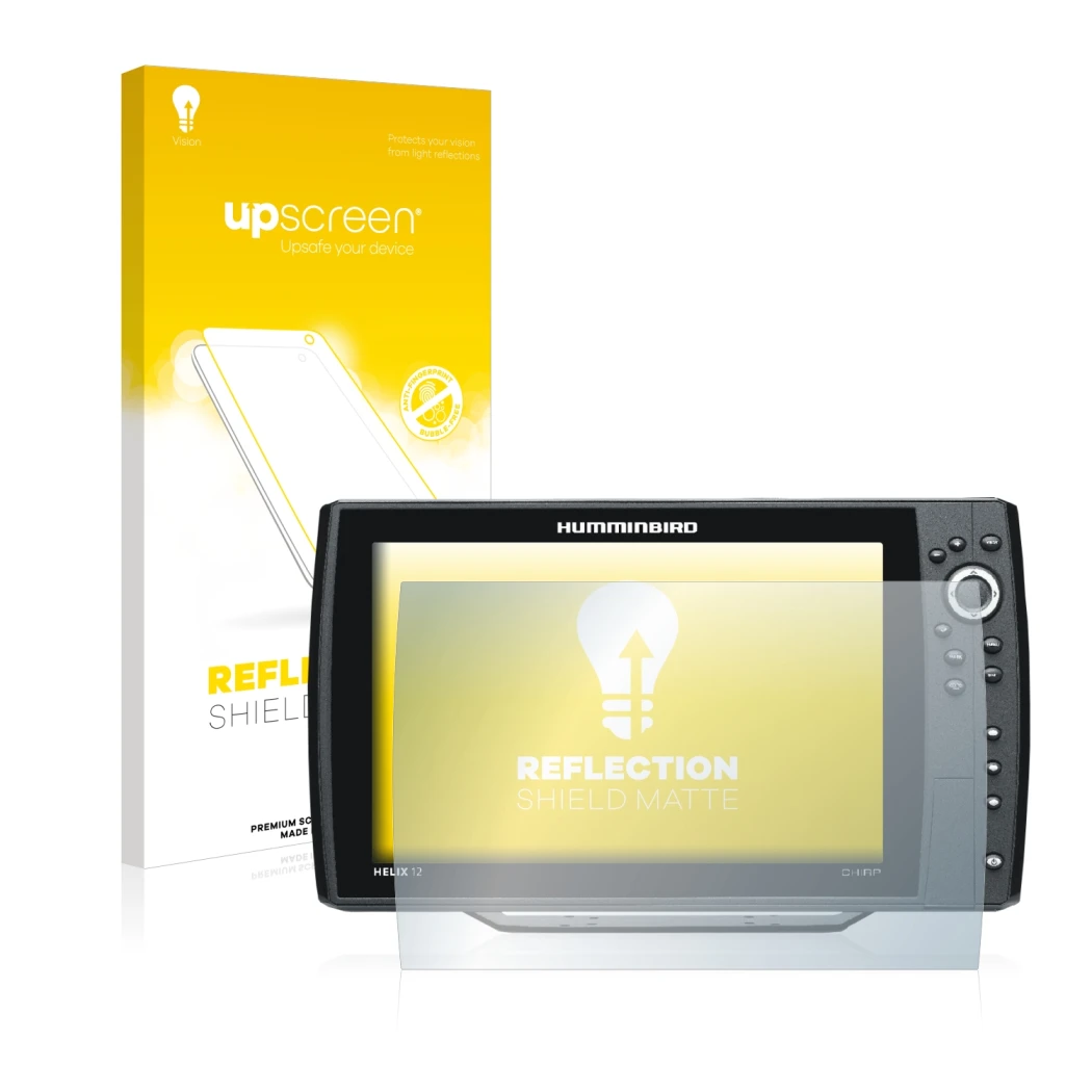 Face avant d’un emballage produit avec le logo de la marque upscreen. À côté, l’appareil Humminbird Helix 12 est représenté av