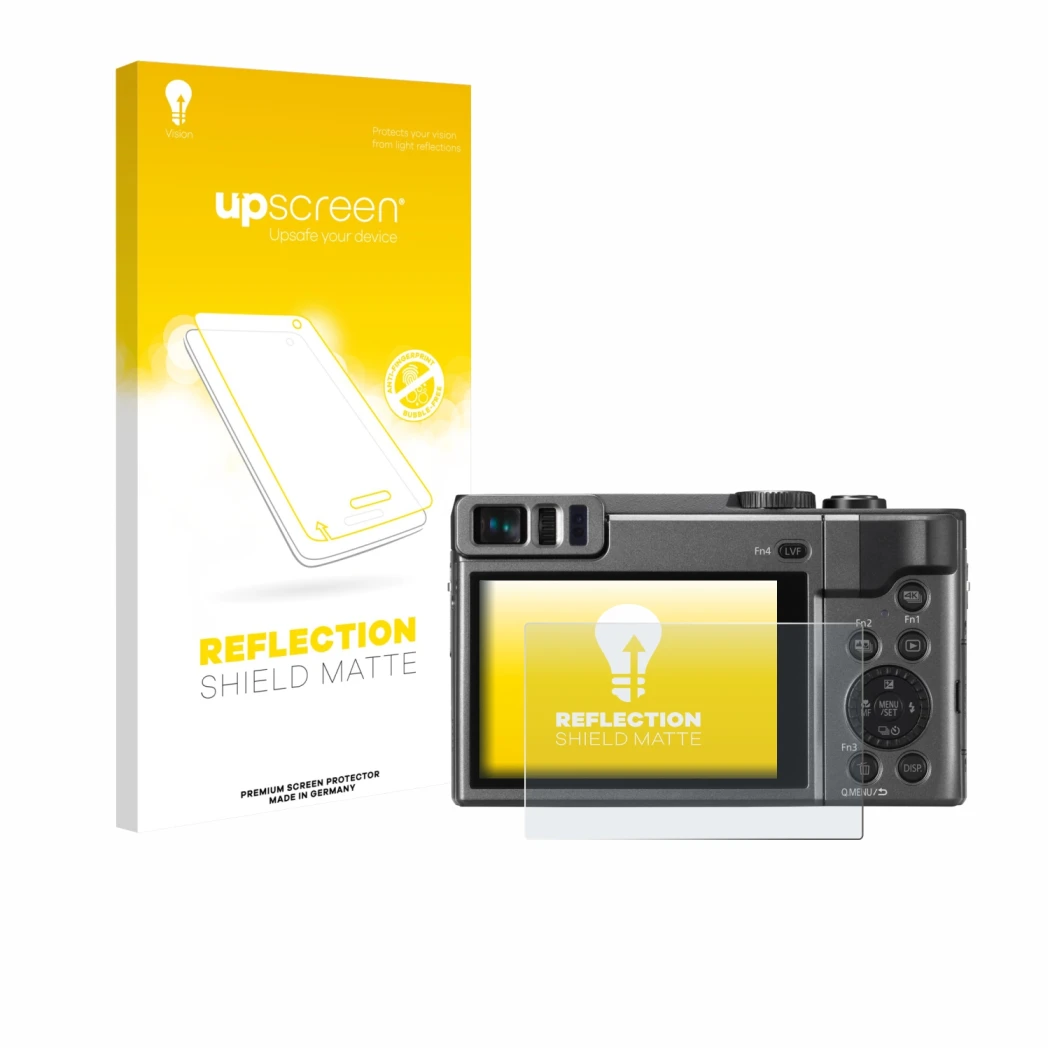 Face avant d’un emballage produit avec le logo de la marque upscreen. À côté, l’appareil Panasonic Lumix DC-TZ90 est représent