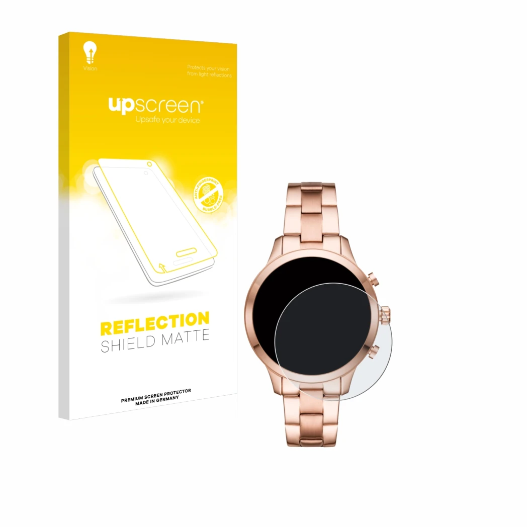 Face avant d’un emballage produit avec le logo de la marque upscreen. À côté, l’appareil Michael Kors Access Runway (41 mm) es