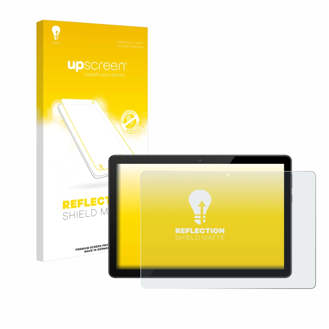 Face avant d’un emballage produit avec le logo de la marque upscreen. À côté, l’appareil Huawei MediaPad T5 10 est représenté 