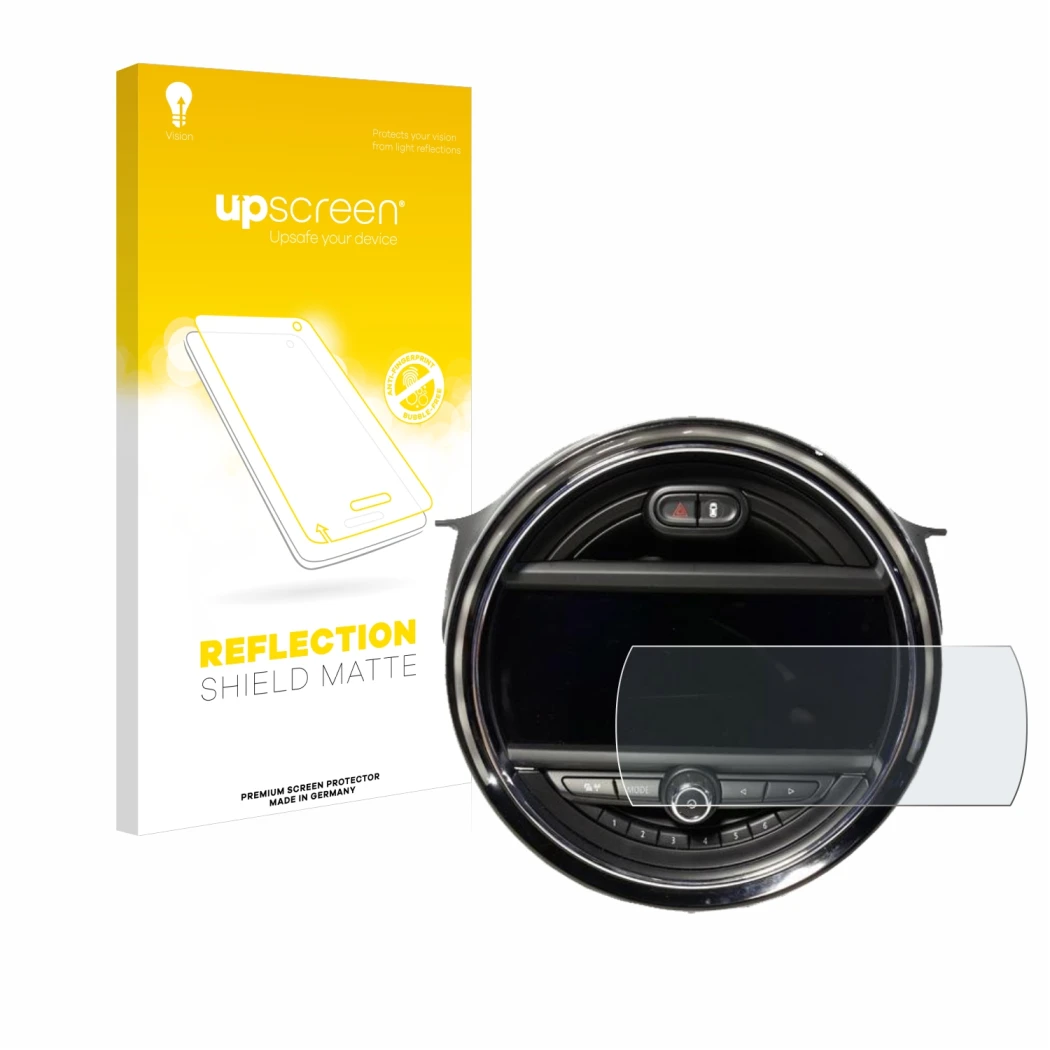 Face avant d’un emballage produit avec le logo de la marque upscreen. À côté, l’appareil Mini Cooper F56 (8.8