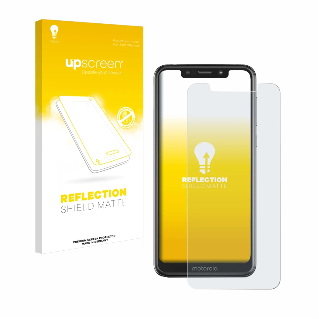 Face avant d’un emballage produit avec le logo de la marque upscreen. À côté, l’appareil Motorola One est représenté avec la p