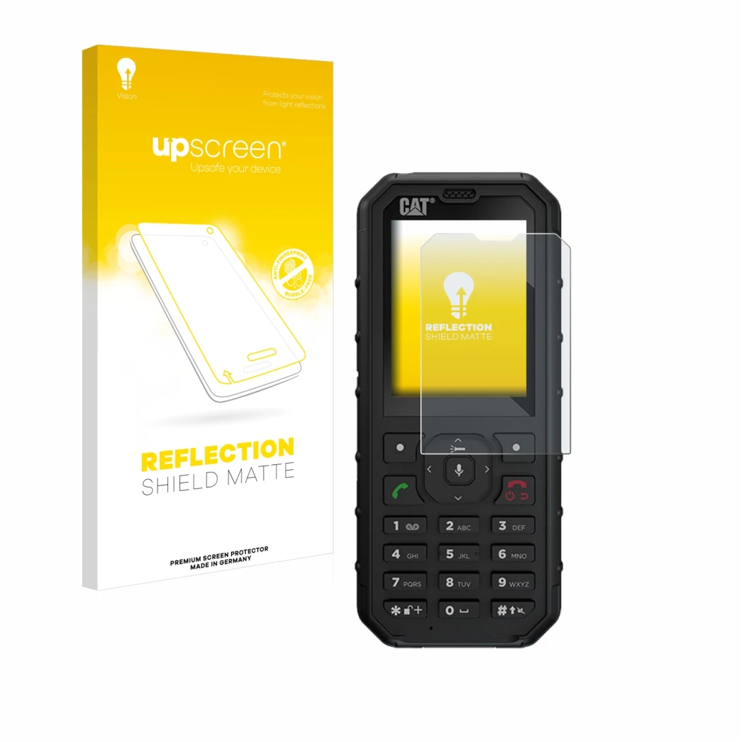 Face avant d’un emballage produit avec le logo de la marque upscreen. À côté, l’appareil Caterpillar Cat B35 est représenté av