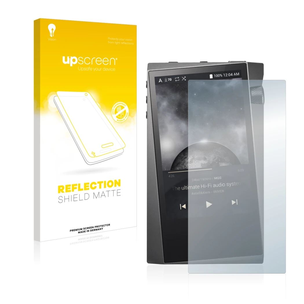 Face avant d’un emballage produit avec le logo de la marque upscreen. À côté, l’appareil Astell&Kern A&norma SR15 est représen