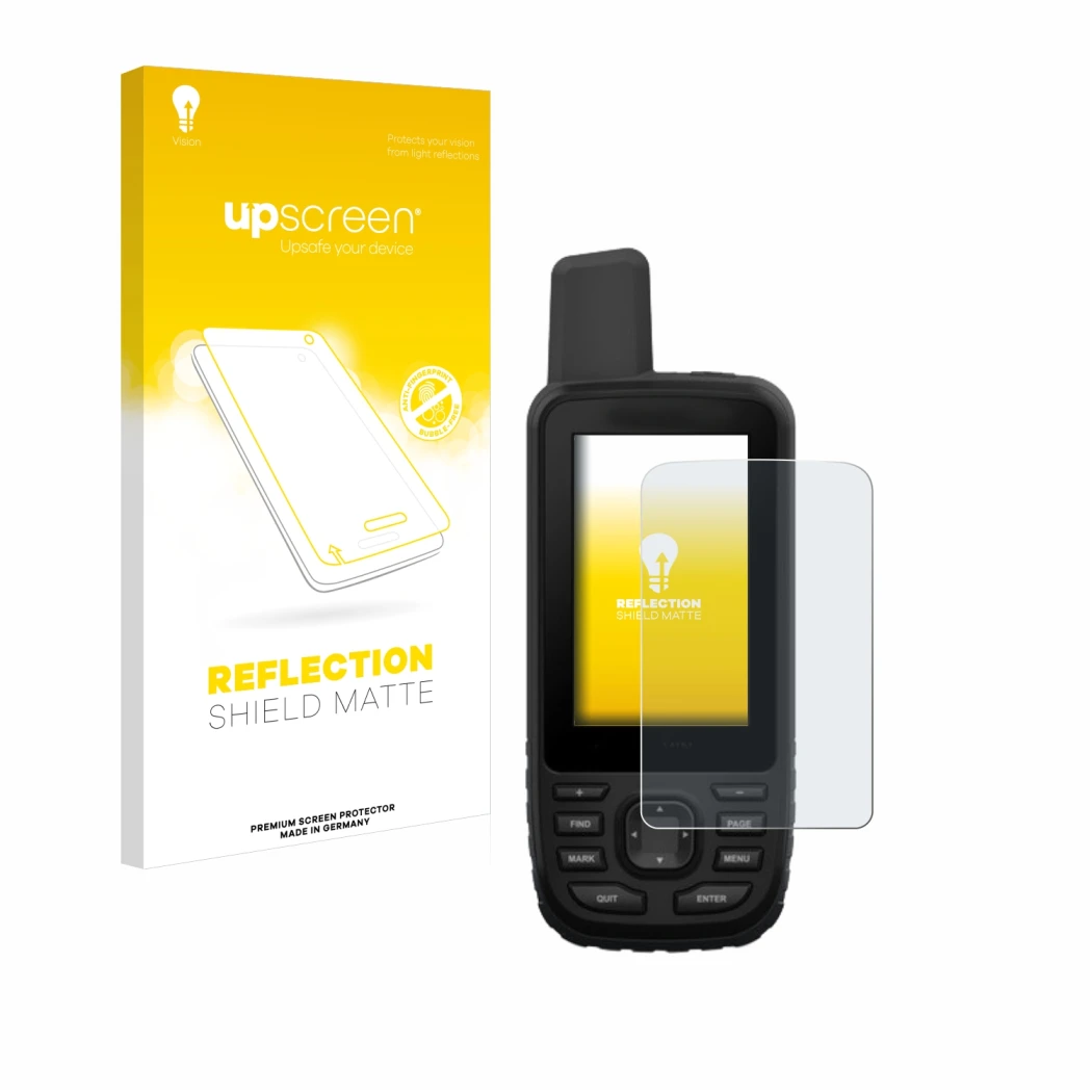 Face avant d’un emballage produit avec le logo de la marque upscreen. À côté, l’appareil Garmin GPSMAP 66st est représenté ave