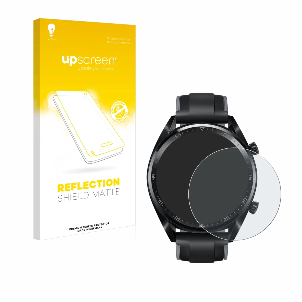 Face avant d’un emballage produit avec le logo de la marque upscreen. À côté, l’appareil Huawei Watch GT (46 mm) 2018 est repr