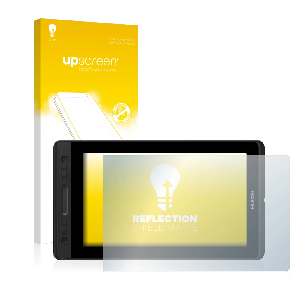 Face avant d’un emballage produit avec le logo de la marque upscreen. À côté, l’appareil Huion Kamvas Pro 13 est représenté av