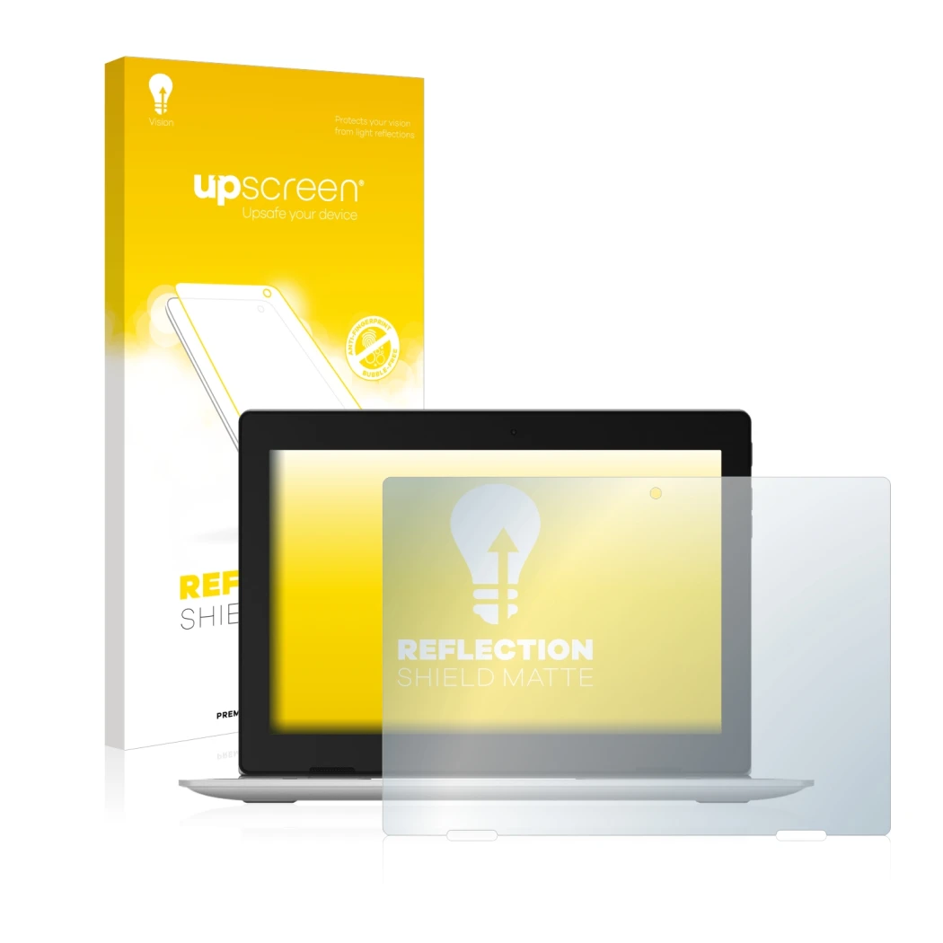 Face avant d’un emballage produit avec le logo de la marque upscreen. À côté, l’appareil Lenovo IdeaPad D330 est représenté av