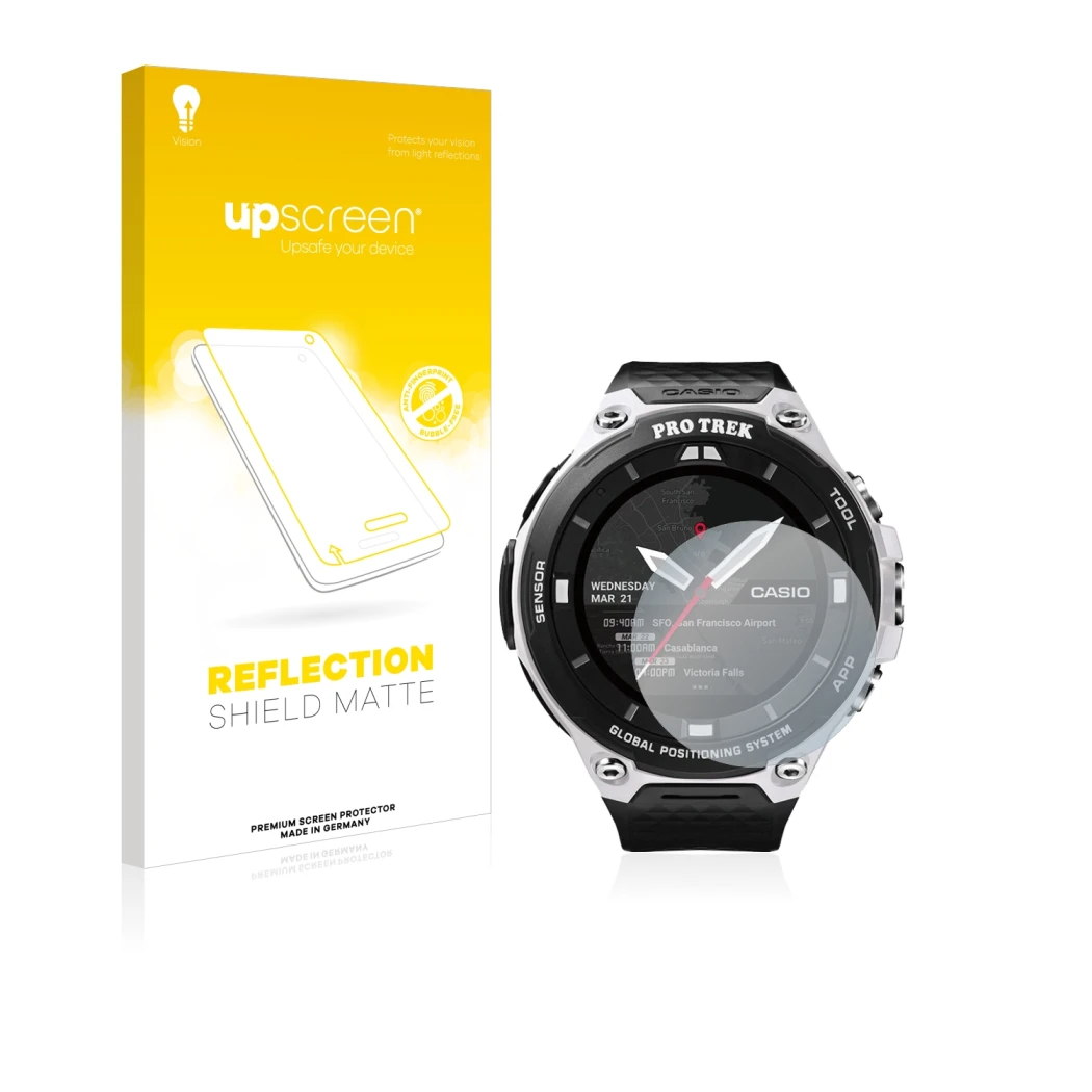 Face avant d’un emballage produit avec le logo de la marque upscreen. À côté, l’appareil Casio Pro Trek Smart WSD-F20 est repr