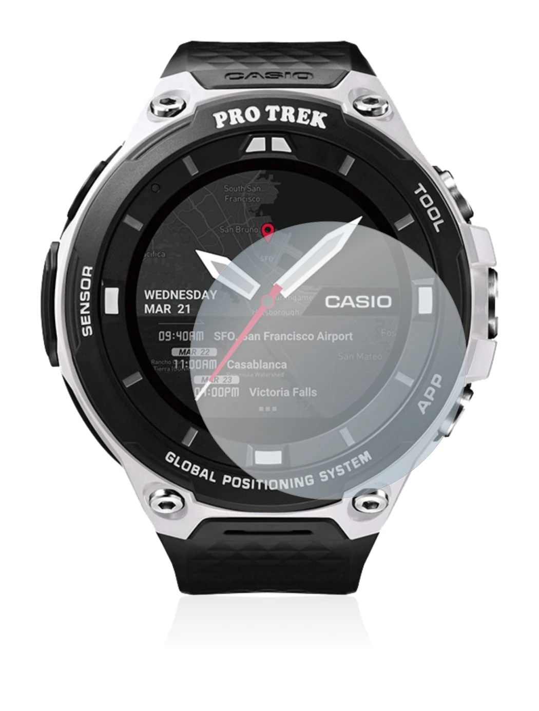 Image de l'appareil Casio Pro Trek Smart WSD-F20 avec une grande variété de protections d'écran.