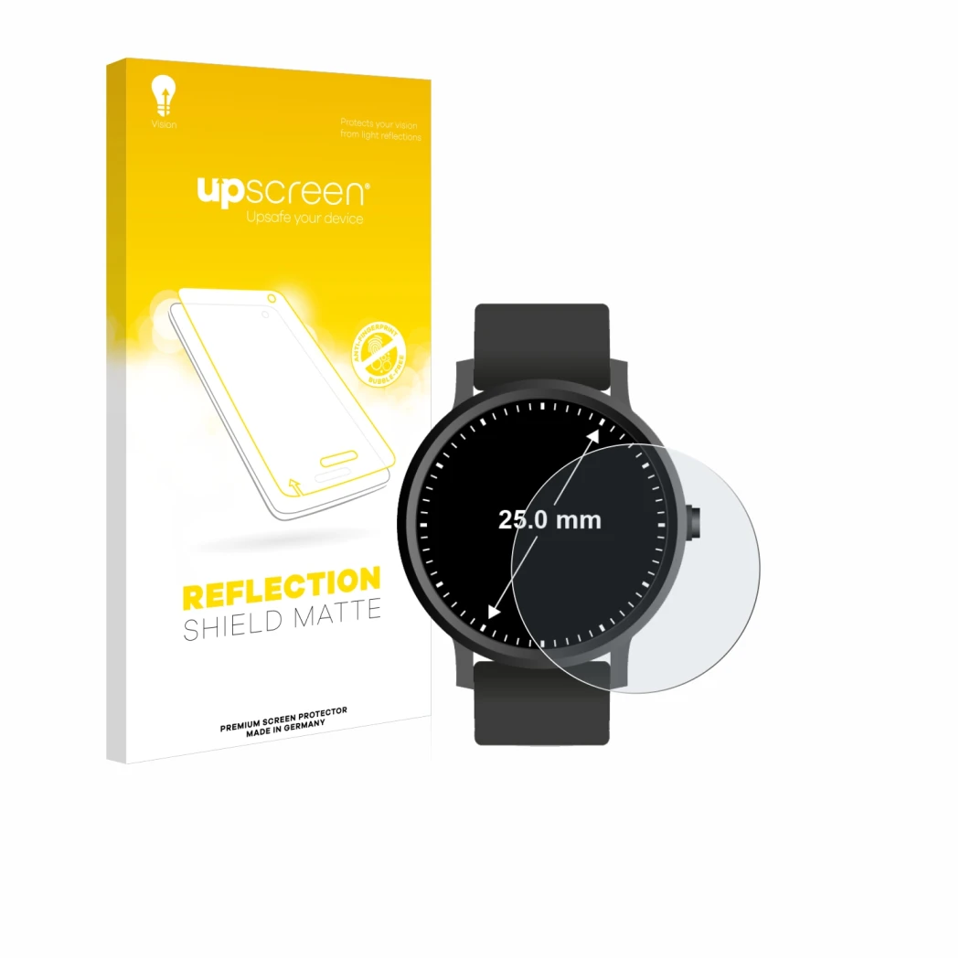 Face avant d’un emballage produit avec le logo de la marque upscreen. À côté, l’appareil Circulaire Displays (ø: 25 mm) est re