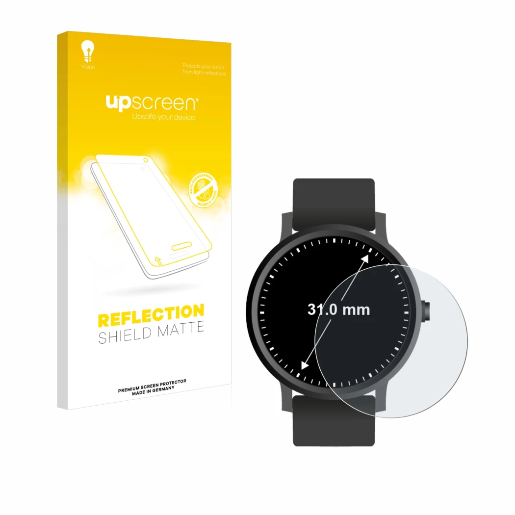 Face avant d’un emballage produit avec le logo de la marque upscreen. À côté, l’appareil Circulaire Displays (ø: 31 mm) est re