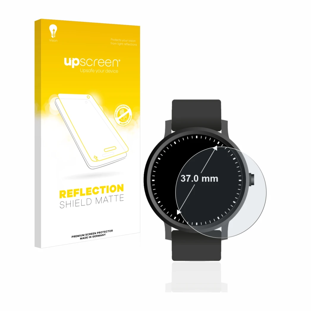 Face avant d’un emballage produit avec le logo de la marque upscreen. À côté, l’appareil Circulaire Displays (ø: 37 mm) est re