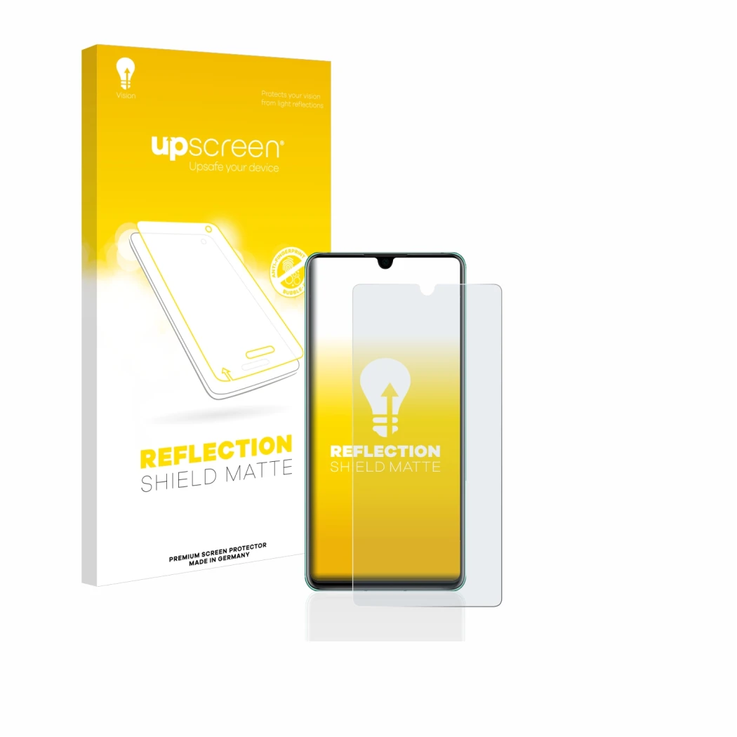 Face avant d’un emballage produit avec le logo de la marque upscreen. À côté, l’appareil Huawei P30 est représenté avec la pro