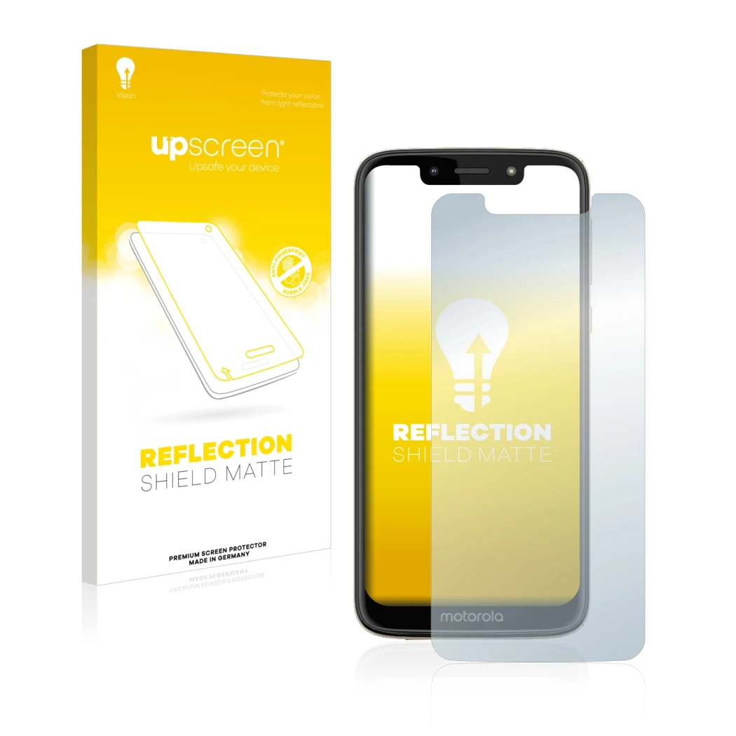 Face avant d’un emballage produit avec le logo de la marque upscreen. À côté, l’appareil Motorola Moto G7 Play est représenté 