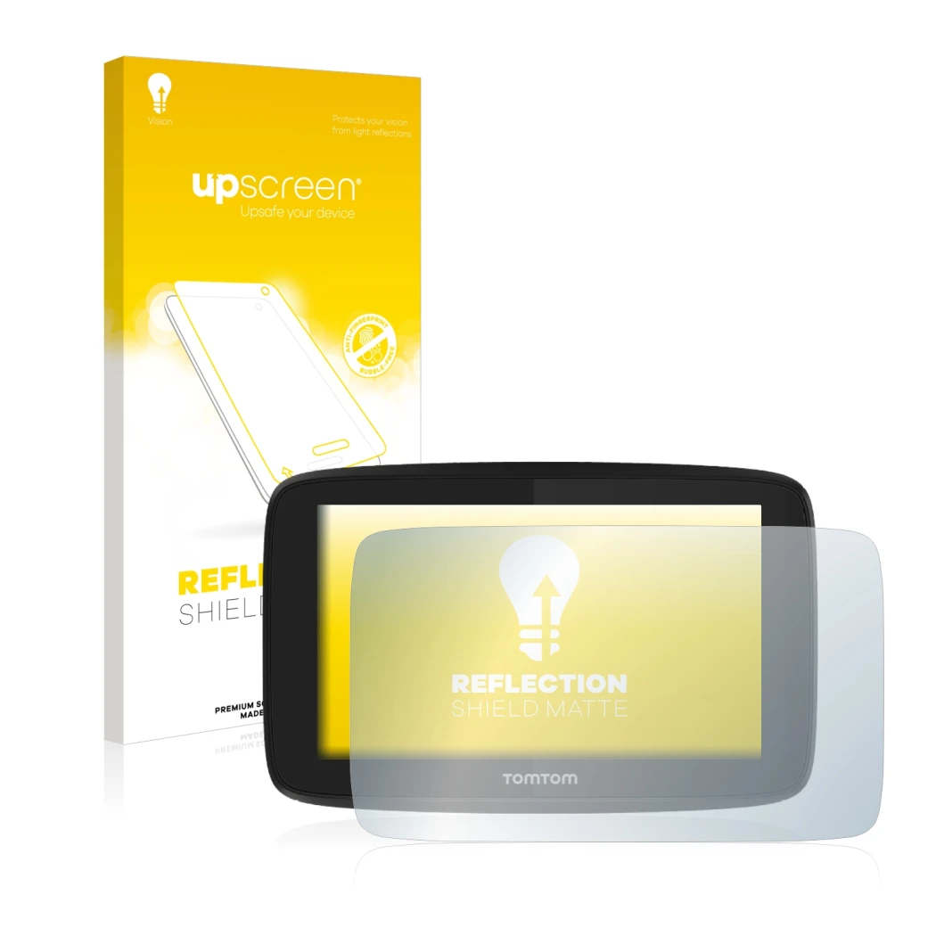 Face avant d’un emballage produit avec le logo de la marque upscreen. À côté, l’appareil TomTom GO Essential (5