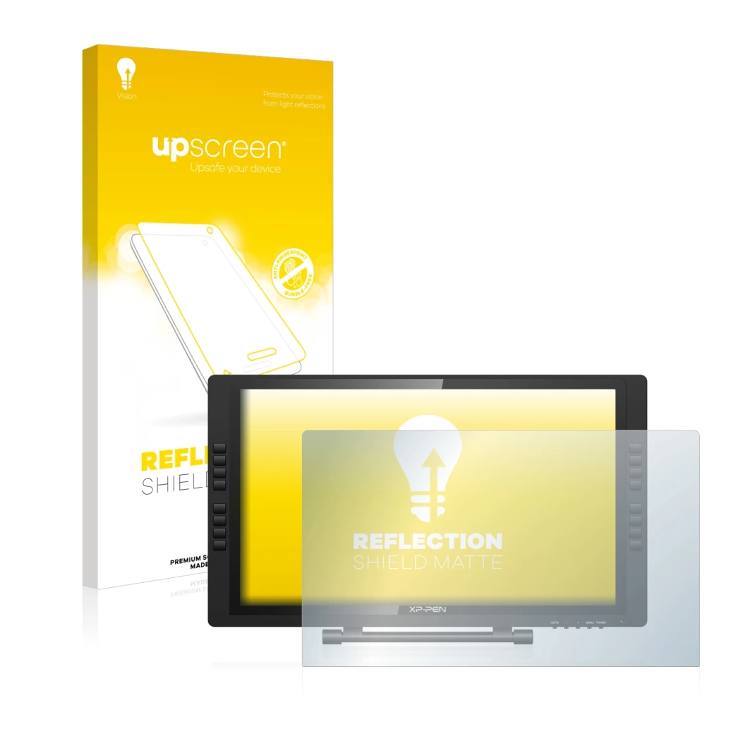 Face avant d’un emballage produit avec le logo de la marque upscreen. À côté, l’appareil XP-Pen Artist 22E Pro est représenté