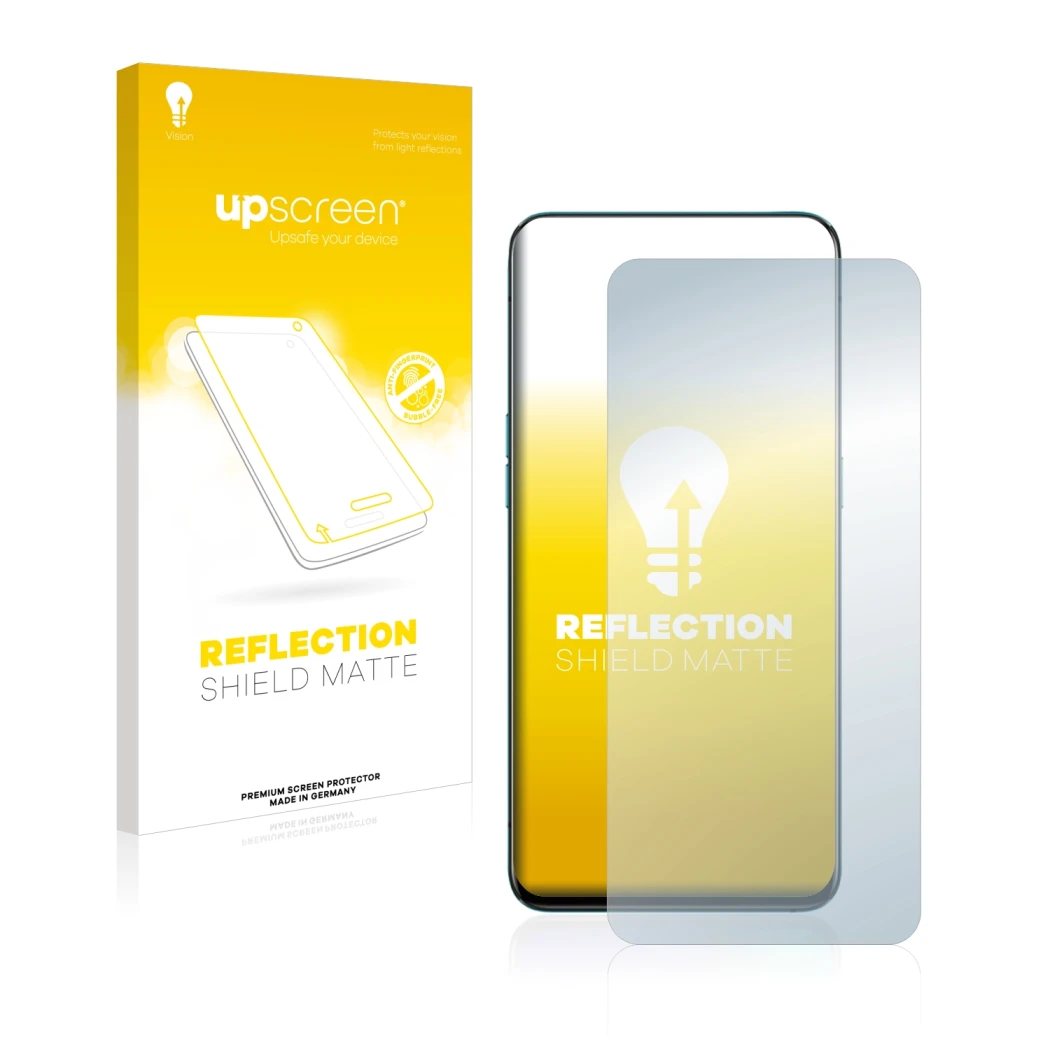 Face avant d’un emballage produit avec le logo de la marque upscreen. À côté, l’appareil Oppo Reno 10x Zoom est représenté ave
