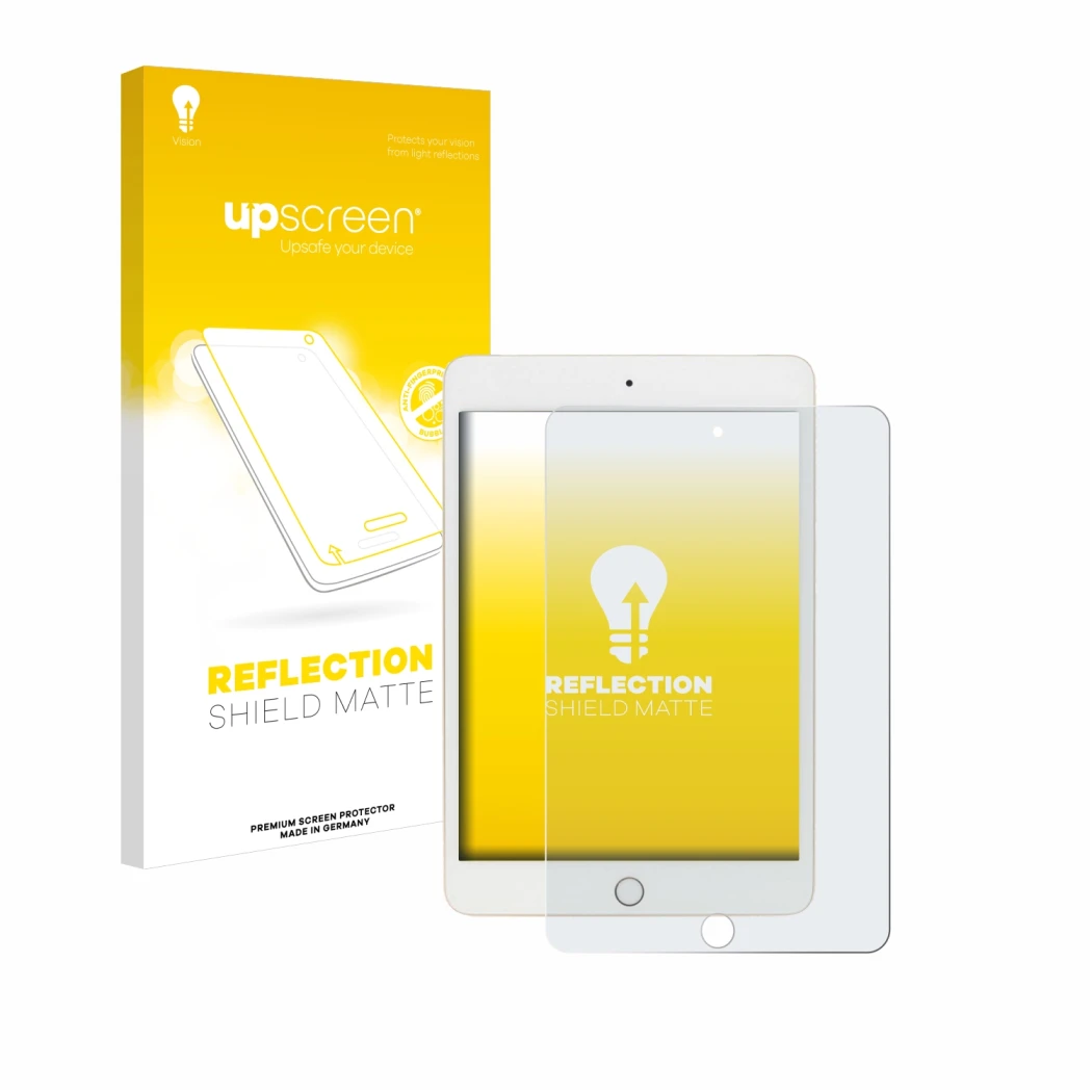 Face avant d’un emballage produit avec le logo de la marque upscreen. À côté, l’appareil Apple iPad Mini 5 2019 (5ème Gen.) es