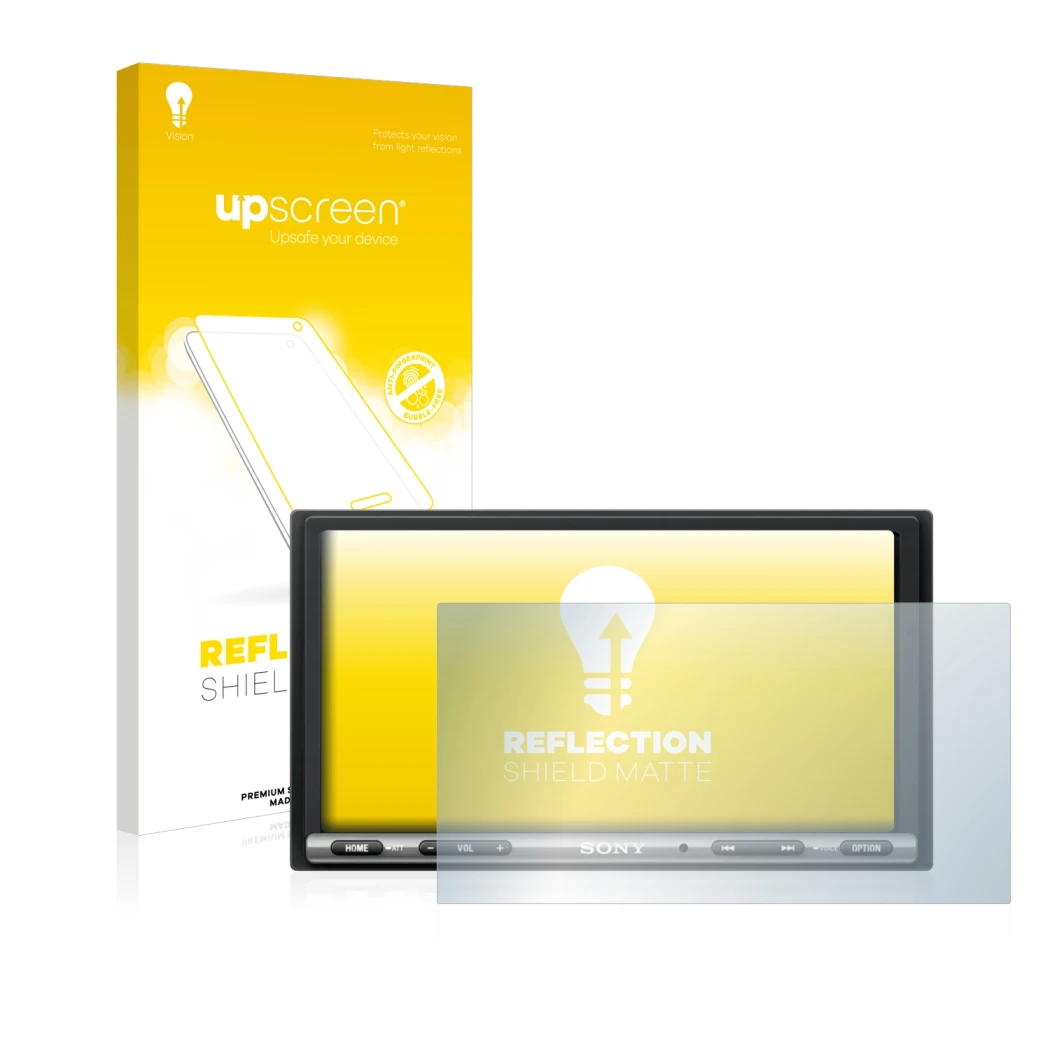 Face avant d’un emballage produit avec le logo de la marque upscreen. À côté, l’appareil Sony XAV-AX3005DB est représenté avec