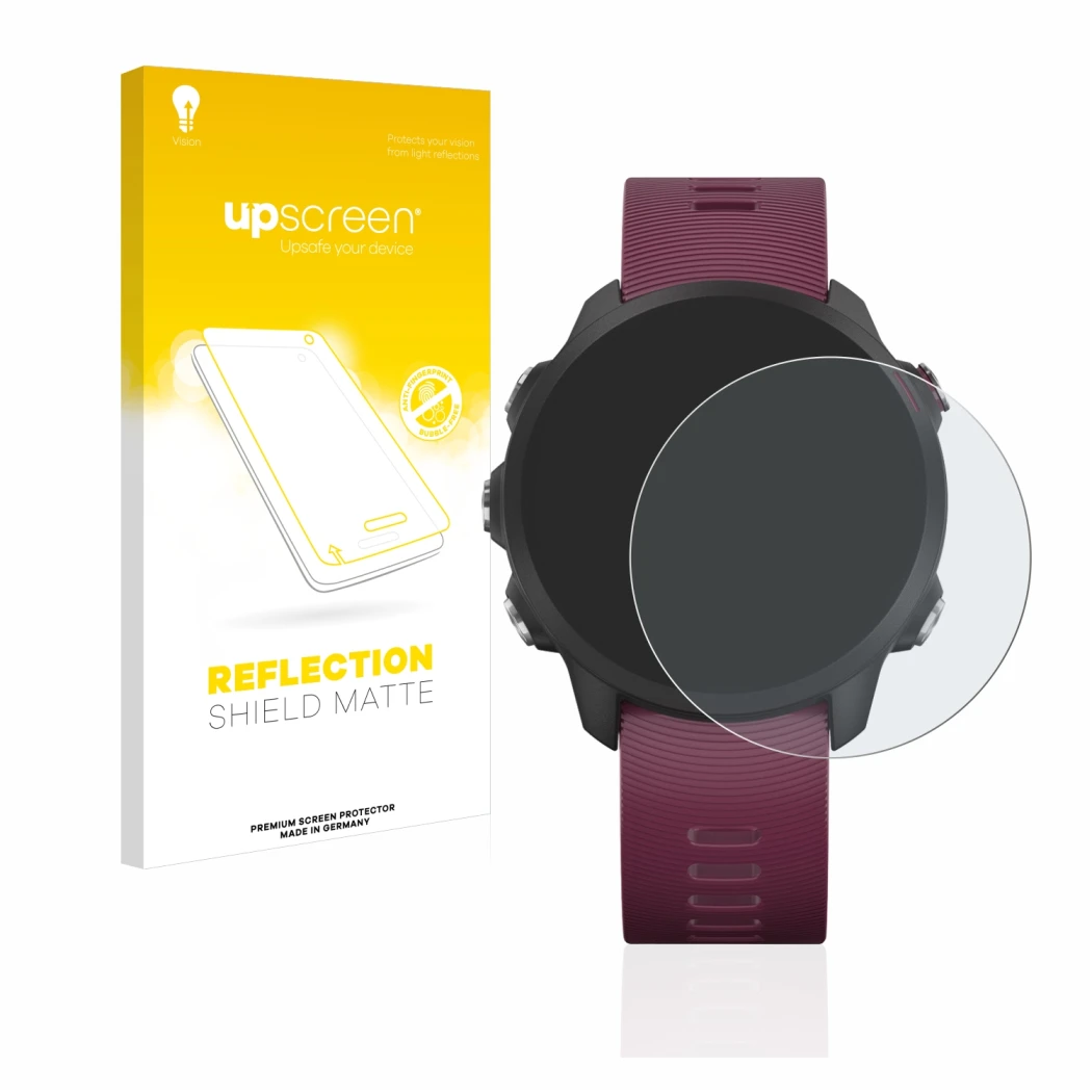 Face avant d’un emballage produit avec le logo de la marque upscreen. À côté, l’appareil Garmin Forerunner 245 est représenté