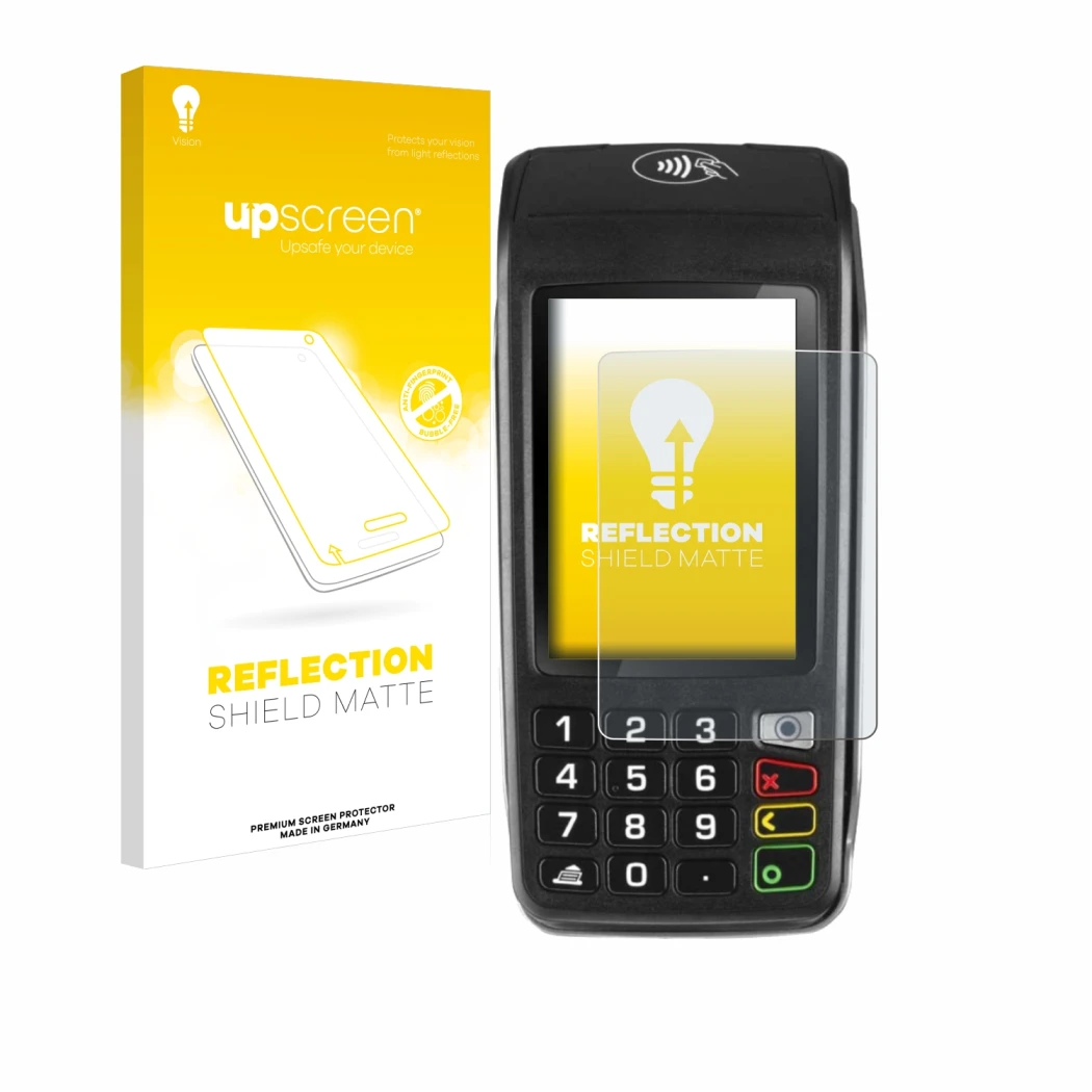 Face avant d’un emballage produit avec le logo de la marque upscreen. À côté, l’appareil ingenico Move/5000 est représenté ave