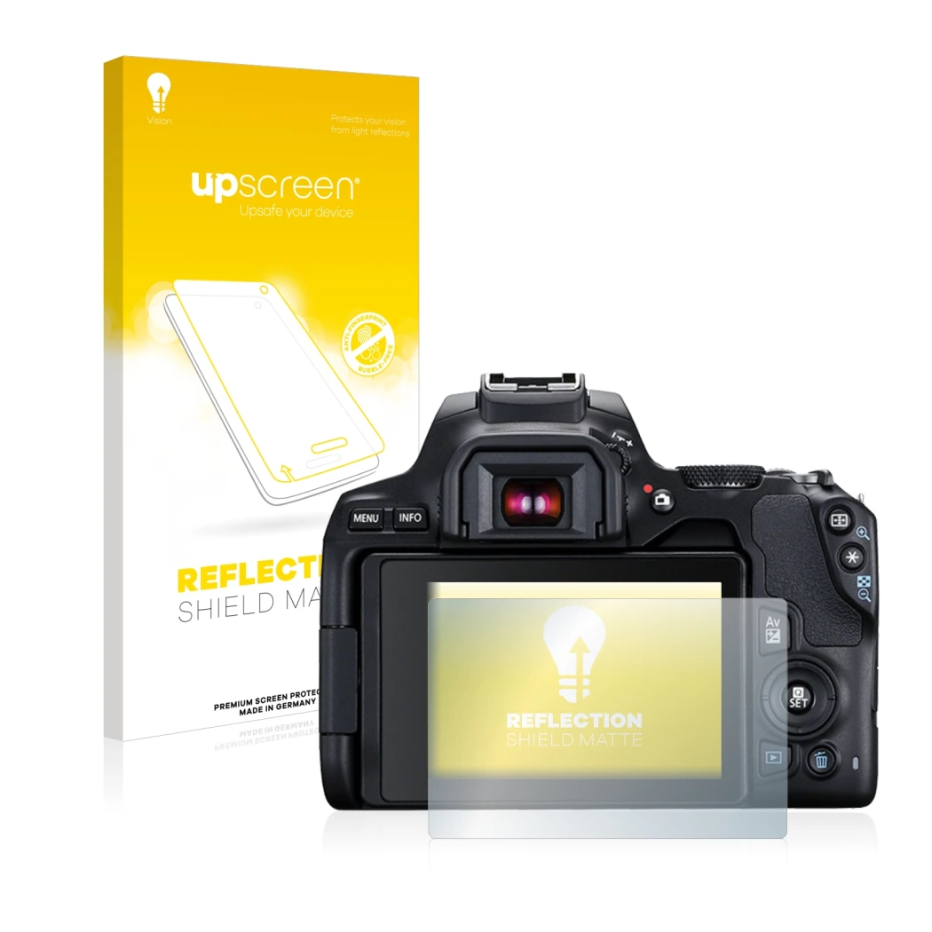 Face avant d’un emballage produit avec le logo de la marque upscreen. À côté, l’appareil Canon EOS 250D est représenté avec la