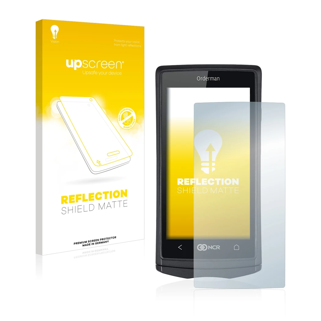 Face avant d’un emballage produit avec le logo de la marque upscreen. À côté, l’appareil Orderman 5 est représenté avec la pro