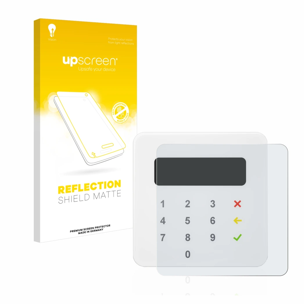 Face avant d’un emballage produit avec le logo de la marque upscreen. À côté, l’appareil SumUp Air est représenté avec la prot