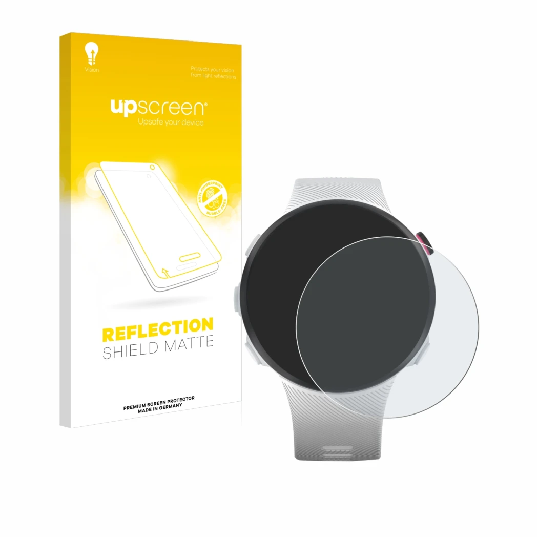 Face avant d’un emballage produit avec le logo de la marque upscreen. À côté, l’appareil Garmin Forerunner 45S est représenté 