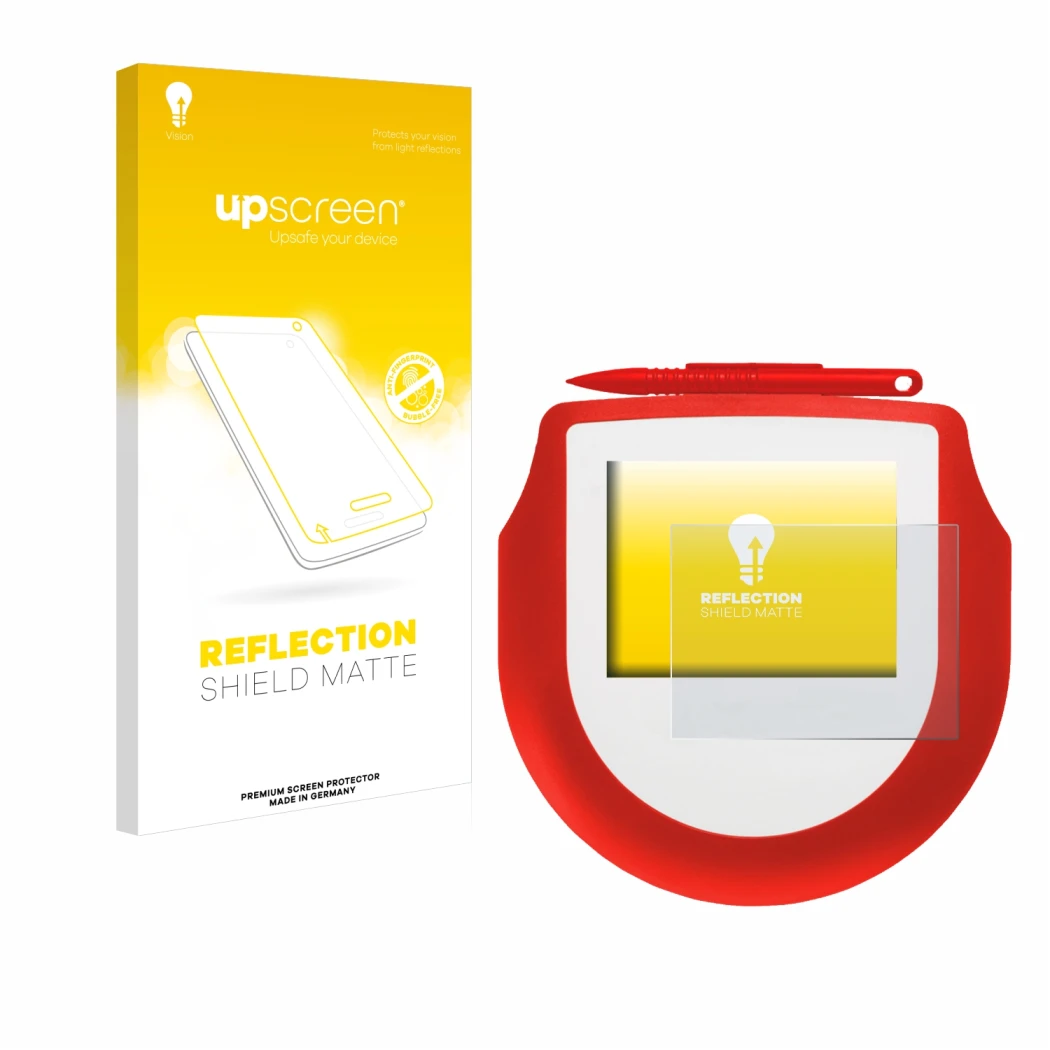 Face avant d’un emballage produit avec le logo de la marque upscreen. À côté, l’appareil Signotec Signature Pad Omega NFC est 