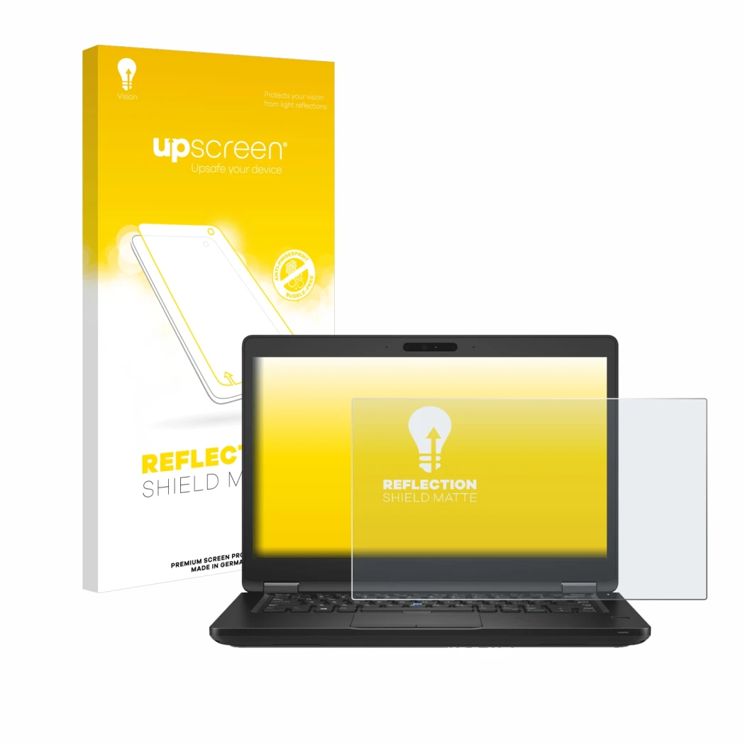 Face avant d’un emballage produit avec le logo de la marque upscreen. À côté, l’appareil Dell Latitude 5490 Non-Touch est repr