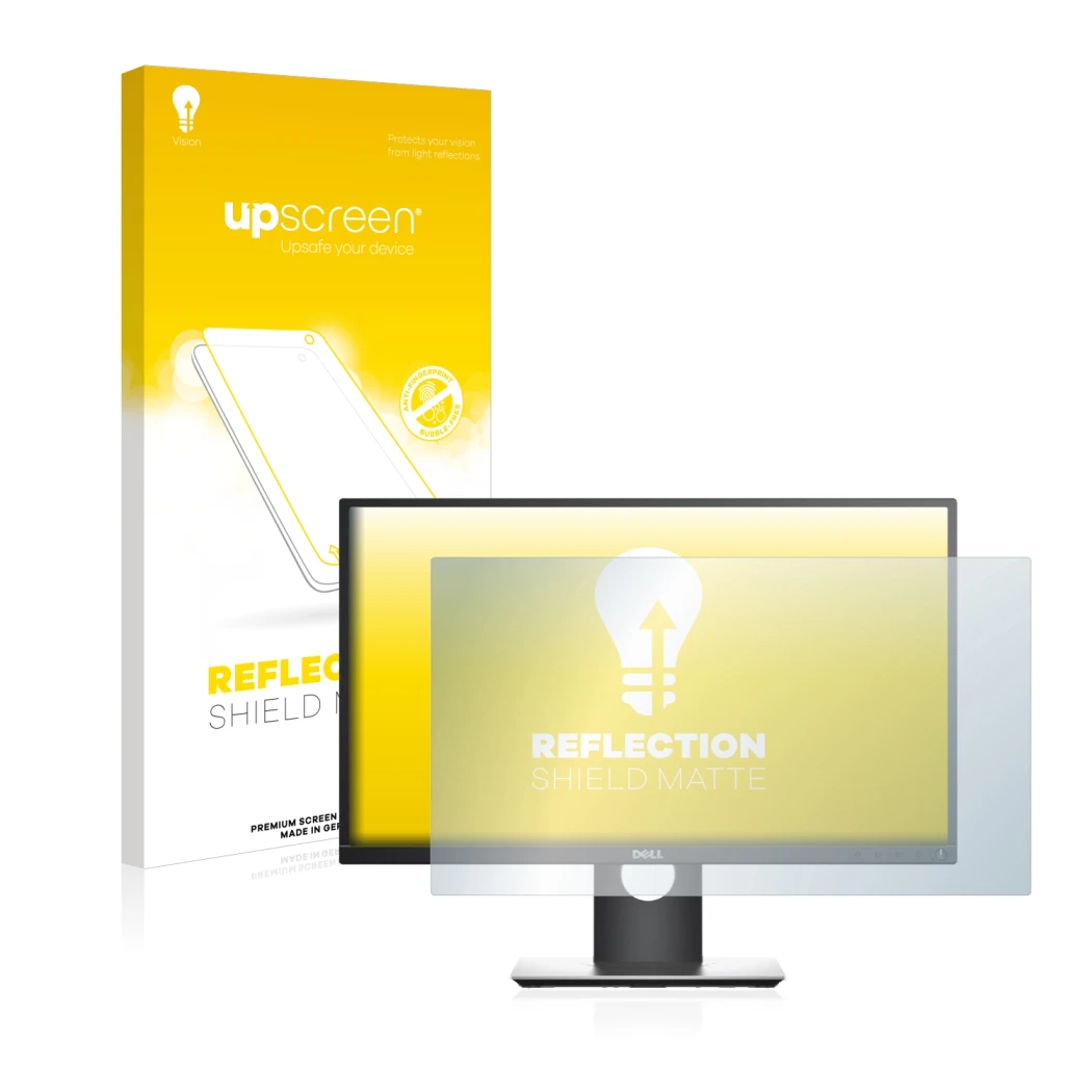 Face avant d’un emballage produit avec le logo de la marque upscreen. À côté, l’appareil Dell P2419H est représenté avec la pr