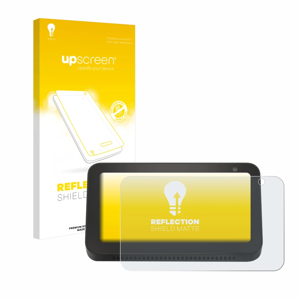 Face avant d’un emballage produit avec le logo de la marque upscreen. À côté, l’appareil Amazon Echo Show 5 (2e Gen.) est repr