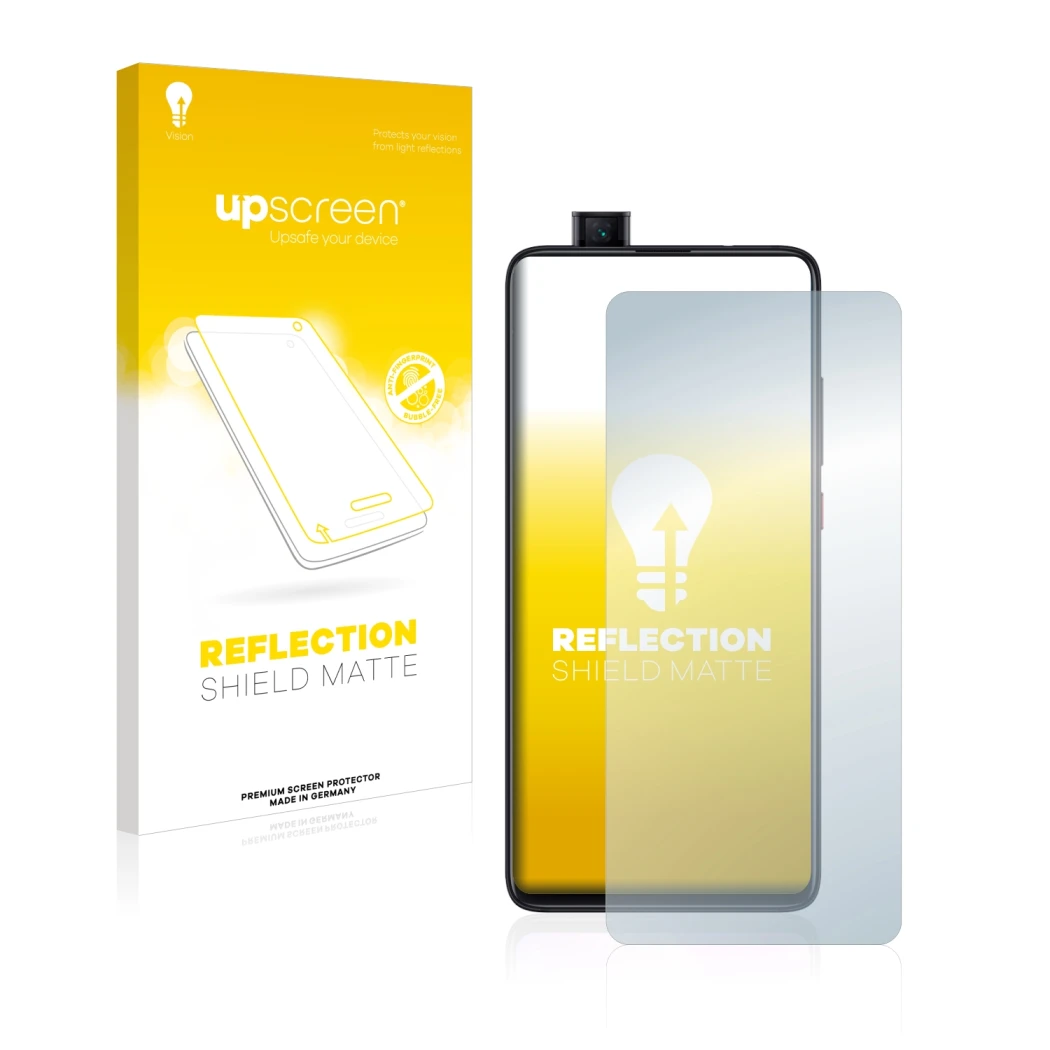 Face avant d’un emballage produit avec le logo de la marque upscreen. À côté, l’appareil Xiaomi Mi 9T est représenté avec la p