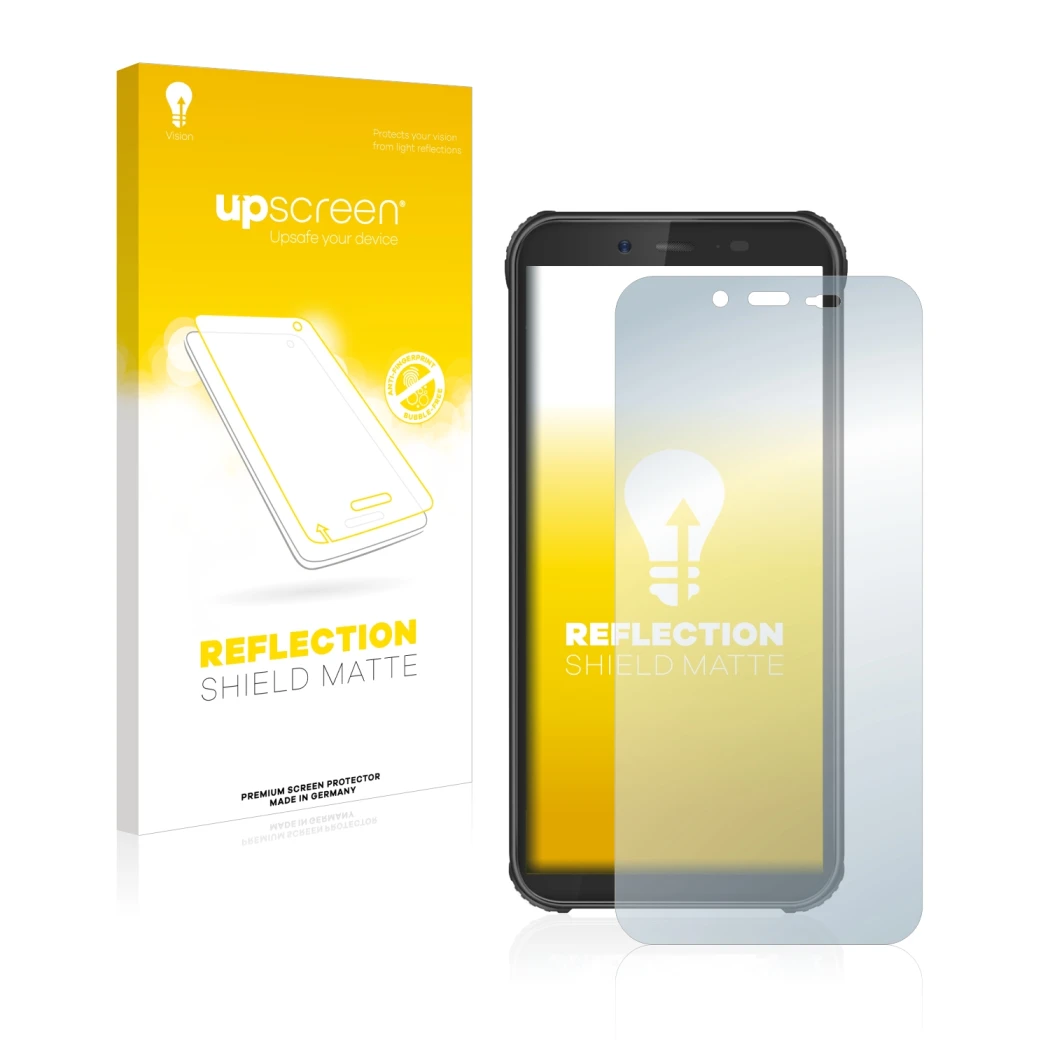 Face avant d’un emballage produit avec le logo de la marque upscreen. À côté, l’appareil Blackview BV5500 est représenté avec 