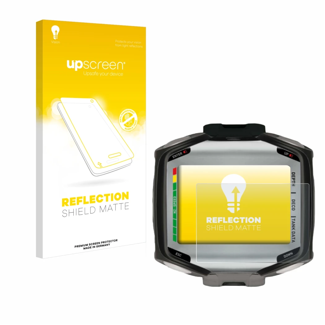 Face avant d’un emballage produit avec le logo de la marque upscreen. À côté, l’appareil Mares Quad est représenté avec la pro