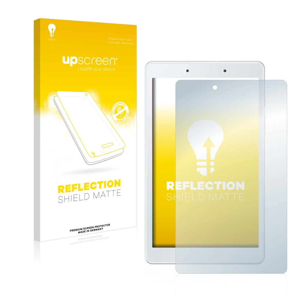 Face avant d’un emballage produit avec le logo de la marque upscreen. À côté, l’appareil Samsung Galaxy Tab A 8.0 WiFi 2019 es