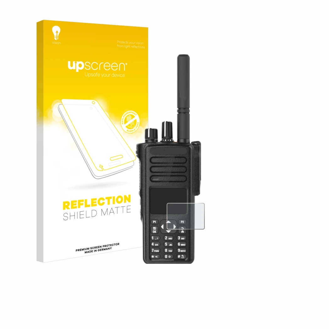 Face avant d’un emballage produit avec le logo de la marque upscreen. À côté, l’appareil Motorola DP4801e est représenté avec 