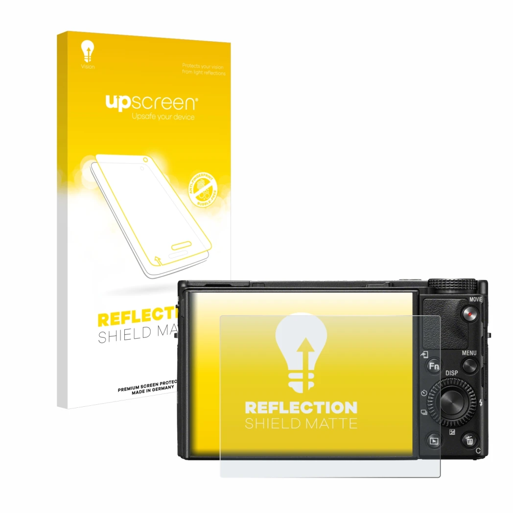 Face avant d’un emballage produit avec le logo de la marque upscreen. À côté, l’appareil Sony Cyber-Shot DSC-RX100 VII est rep