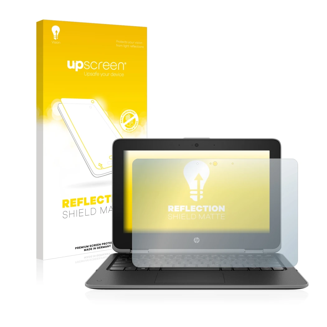 Face avant d’un emballage produit avec le logo de la marque upscreen. À côté, l’appareil HP ProBook x360 11 G3 est représenté