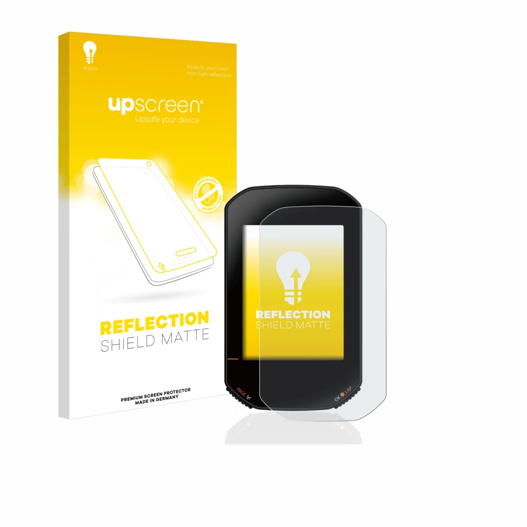 Face avant d’un emballage produit avec le logo de la marque upscreen. À côté, l’appareil Bryton Rider 420 est représenté avec 