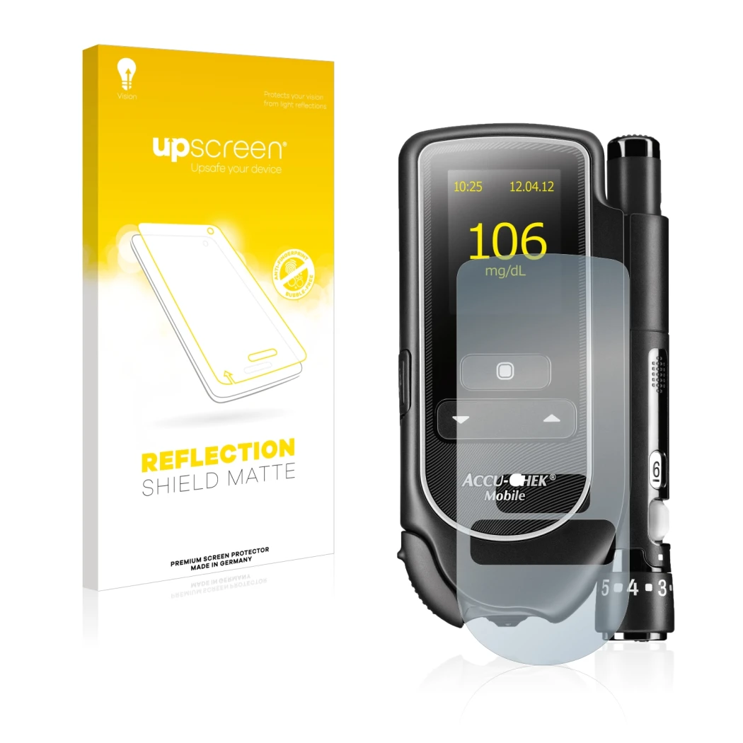Face avant d’un emballage produit avec le logo de la marque upscreen. À côté, l’appareil Accu-Chek Mobile est représenté avec 